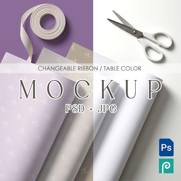 Wrapping Paper Mockup, Gift Wrap Mock up, Editable Table and Ribbon PSD Template