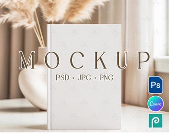Boho Hardcover Journal Mockup, Elegant Notebook Mockup Canva, Book Cover PSD PNG Mockup, A4 Planner Mock-up, Wraparound Book Mockup