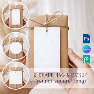 May include: A brown wrapped gift with a white rectangular tag tied with twine. The image includes three smaller mockups of gifts with round, square, and long tags. Text on the image reads "2 Shape Tag Mockup (round/ square/ long)".