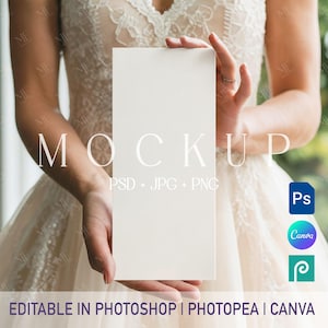May include: A rectangular white card held by a person wearing a wedding dress. The word "MOCKUP" is displayed on the card. The text "PSD + JPG + PNG" is below the word "MOCKUP". The text "EDITABLE IN PHOTOSHOP | PHOTOPEA | CANVA" is at the bottom.