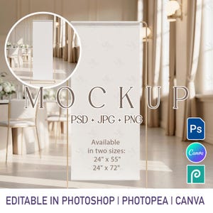 May include: A vertical rectangular sign mockup on a thin gold metal stand. The sign features the text MOCKUP, PSD + JPG + PNG, and Available in two sizes: 24" x 55" and 24" x 72". The bottom text reads EDITABLE IN PHOTOSHOP | PHOTOPEA | CANVA.