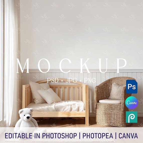 Nursery Wallpaper PNG & PSD Mockup, Kids Room Wall Mural Canva Mockup, Baby Room Wall Paper Mock up, Wall Home Decor Mockup, Wall Art Mockup