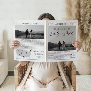 Puede incluir: Una persona sostiene un anuncio de boda estilo peri&oacute;dico. El titular dice "The Wedding Post" con los nombres "Emily" y "Devid". El anuncio incluye una foto de una pareja y la fecha "11-03-2025."