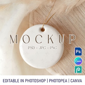 Boho Wedding Round Ceramic Ornament Mockup PSD JPG PNG, White Blank Holiday Ornament Mock-up, Photo Ceramic Gift Template Canva