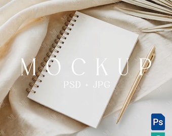 Spiral Notebook Mockup, Planner Mockup, Spiral Journal Mockup, A5 Spiral Notebook Mockup with Boho Background, Book Mockup PSD