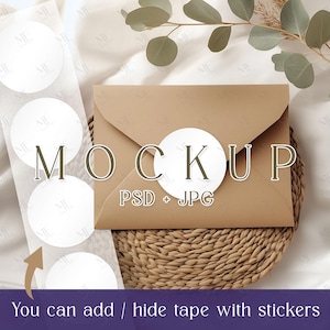 May include: A brown envelope mockup with a white circle sticker that says "MOCKUP PSD + JPG". The envelope is on a woven straw mat and a white surface with a sheet of stickers with white circles.