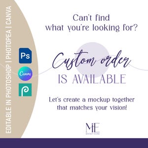 Puede incluir: Dise&ntilde;o gr&aacute;fico blanco y morado con el texto "&iquest;No encuentras lo que buscas? Pedido personalizado disponible". Incluye los logotipos de Photoshop, Canva y Photopea. Tambi&eacute;n se incluye el texto "&iexcl;Creemos juntos una maqueta que coincida con tu visi&oacute;n!"