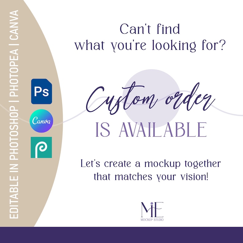 Puede incluir: Dise&ntilde;o gr&aacute;fico blanco y morado con el texto "&iquest;No encuentras lo que buscas? Pedido personalizado disponible". Incluye los logotipos de Photoshop, Canva y Photopea. Tambi&eacute;n se incluye el texto "&iexcl;Creemos juntos una maqueta que coincida con tu visi&oacute;n!"