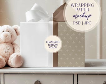 Wrapping Paper Mockup PSD, Birthday or Wedding Gift Wrap Display Mockup, Baby Present Box and Clear Wrapping Paper Template for Photoshop