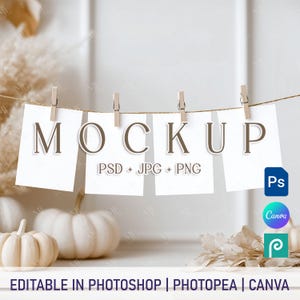 Monthly Photo Banner Mockup, Fall Autumn Cards Mockup PSD PNG, Hanging Greeting Cards Mockup, 5x7 Baby Photo or Wedding Garland Mockup Canva