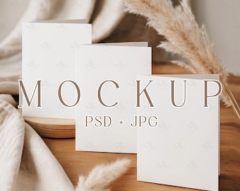 Greeting Card Mockup Set, Folded Cards Invite Template, Boho Stationery Invitation Canva PSD
