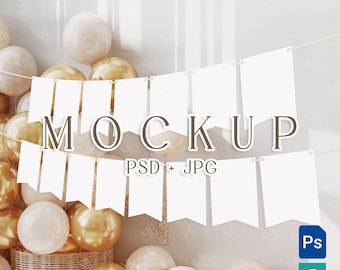 Modern Birthday Banner Mockup PSD, Bunting Garland Banner Mock up, Party Flag Wall Banner Display, Happy Birthday 5x7 Card Mockup