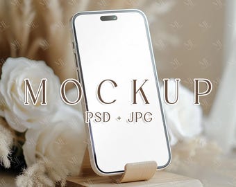 携帯電話の画面モックアップ、ニュートラルなiPhoneディスプレイスタンドPSD、ソーシャルメディア用スマートフォンテンプレート