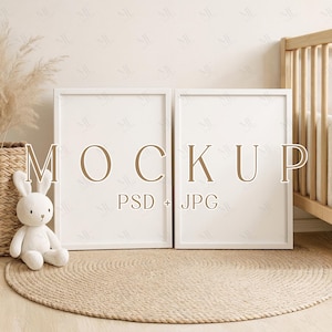 Maqueta de marco para habitación infantil, póster de madera A3 PSD, maqueta de marco neutro para habitación infantil, maqueta de marco blanco DIN A para niños, interior con dos marcos verticales