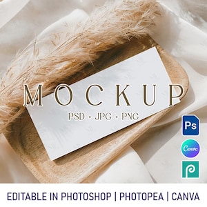 Gift Card Mockup 7x3&#39;&#39; Boho Favor Card  Canva PSD Mockup, Holiday Gift Ticket Mockup, Certificate Card Mockup, Gift Voucher Mockup PSD