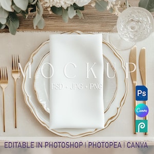 Wedding Napkin Mockup, Linen Hand Towel Template, Table Setting Cocktail Napkin PSD Canva