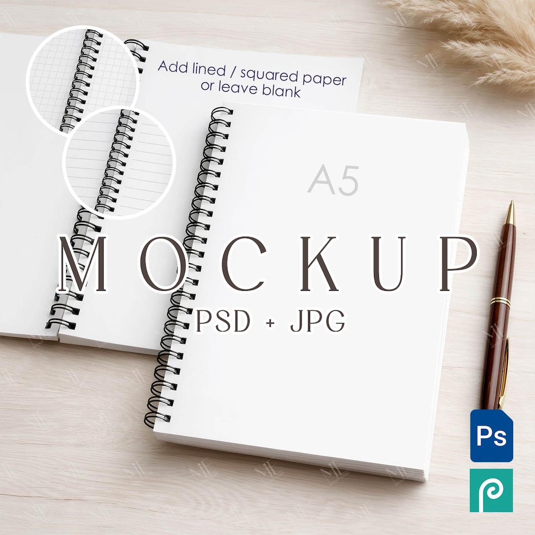 A5 Spiral Notebook Mockup PSD, Open Lined or Grid Journal Template ...