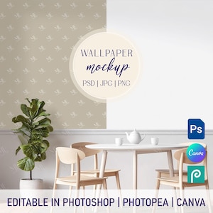 Wallpaper Pattern Mockup PSD PNG, Room Wall Design Mock-up, Boho Interior Wall Preview Pattern Mockup, Wallpaper Roll Mockup Canva Template