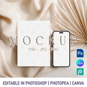Boho Telefon und Karten Mockup, Einladung PNG Canva Mockup, Invite und iPhone Mockup PSD, minimalistische digitale Einladungskarte Smartphone Mockup