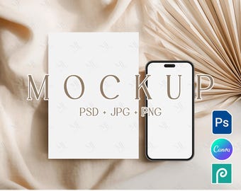 Boho-telefoon- en kaartmodel, uitnodiging PNG Canva-mockup, uitnodigings- en iPhone-model PSD, minimalistische digitale uitnodigingskaart smartphonemodel