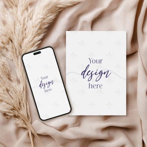 Boho Smartphone Grußkarte Mockup, Karte und Telefon Mockup, Iphone & Invite Kartenmockup, Hochzeit Digital Evite Kartenmockup PSD Smart Objekt