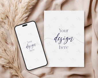 Boho Smartphone Greeting Card Mockup, Card and Phone Mockup, Iphone & Invite Card Mockup, Wedding Digital Evite Card Mockup PSD Smart Object