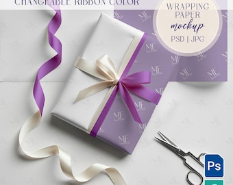 Wrapping Paper Mockup, Gift Wrap Roll Template, Packaging Paper and Ribbon PSD Mock up