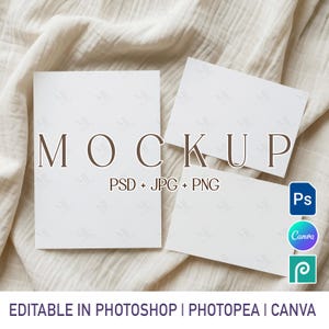 May include: A mockup image featuring three white rectangular cards with the word "MOCKUP" in brown letters. The text "PSD + JPG + PNG" is below the word. The image also includes Photoshop, Canva, and Photopea icons.