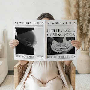 Puede incluir: Anuncio en blanco y negro estilo peri&oacute;dico con el titular "NEWBORN TIMES". El lado izquierdo muestra un vientre embarazado, y el lado derecho dice "LITTLE ADAMS COMING SOON". La parte inferior dice "DUE NOVEMBER 202X".