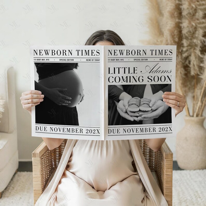 Puede incluir: Anuncio en blanco y negro estilo peri&oacute;dico con el titular "NEWBORN TIMES". El lado izquierdo muestra un vientre embarazado, y el lado derecho dice "LITTLE ADAMS COMING SOON". La parte inferior dice "DUE NOVEMBER 202X".
