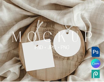 Tag Mockup Set, Round and Square Gift Tags Mockup, Wedding Favor Label PSD Template