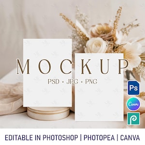 Mockup di invito di nozze con doppia carta, due eleganti biglietti 5x7 in formato PSD PNG, mockup di biglietto d'auguri in formato Canva, mockup di biglietto d'auguri verticale in formato PSD