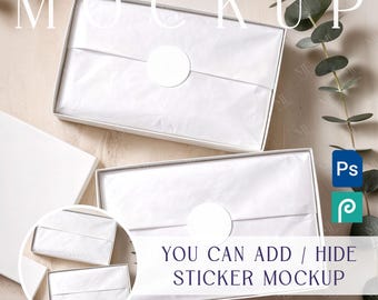 Tissue Paper & Sticker Mockup, Gift Wrap Packaging Box Template, Round Label Wrapping Sheet PSD