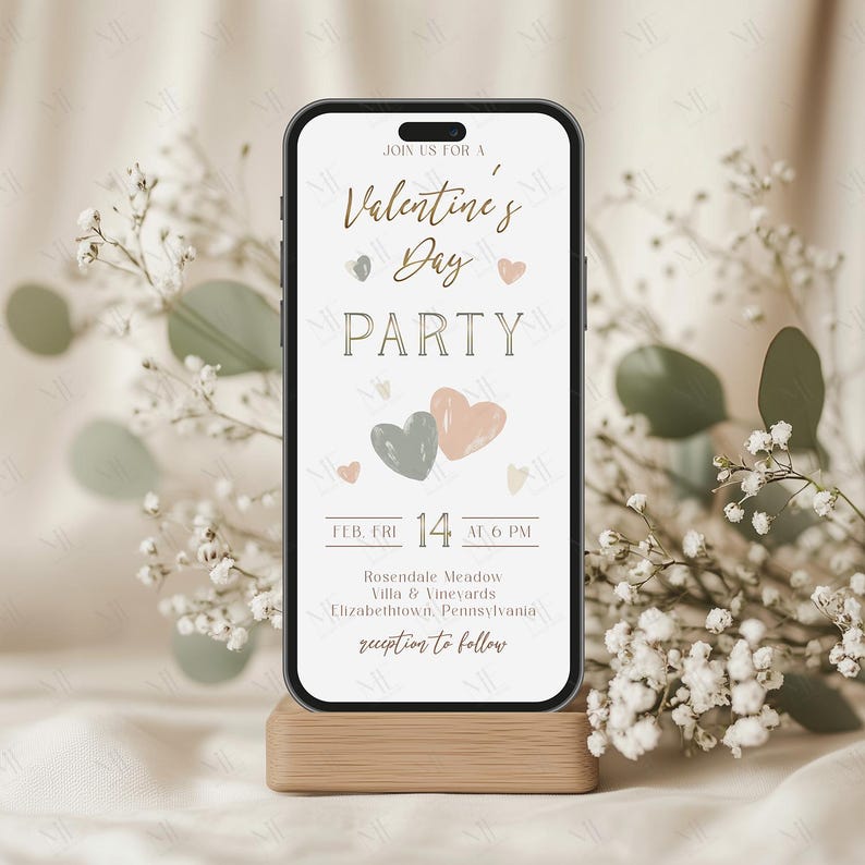 Op de afbeelding: Een digitale uitnodiging voor een Valentijnsdagfeest. De uitnodiging heeft een witte achtergrond met gouden tekst en illustraties van harten. De tekst luidt "Join us for a Valentine's Day Party" en bevat de datum, tijd en locatie van het evenement.