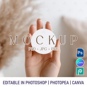 Round Sticker in Hand Canva Mockup, Sticker PNG Mock-up, Boho Label PSD Mockup, Aesthetic Sticker Mockup, Canva Sticker Mockup Template