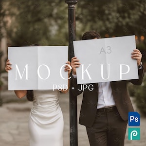 Modello PSD per mockup di giornale per coppie in formato A3, mockup per programma di matrimonio, modello di annuncio vuoto di grandi dimensioni