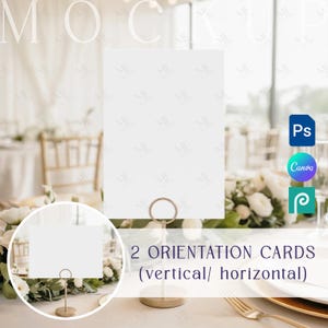 May include: A mockup image featuring two white orientation cards in gold metal holders. The cards are displayed on a table setting with flowers and a fork. The image text reads "2 ORIENTATION CARDS (vertical/ horizontal)".