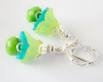 Layered Flower Leverback Earrings, Pretty and Dainty in Lime and Teal, with Shiny Silver Colored Filigree and Faceted Green Beads, Gift Idea