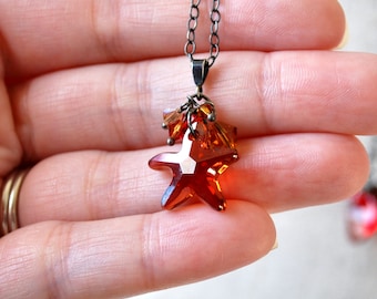 Sparkly Orange Topaz Colored Star Necklace, Small Charming Cluster Pendant on Tiny Delicate 18" Antiqued Sterling Silver Chain, Gift Boxed