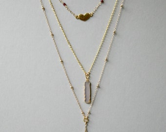 Three Strand Minimalist Gold Bar Necklace, Heart, Dainty Necklace, Merlot, January Birthstone Jewelry, Understated Necklace, Multi Stand
