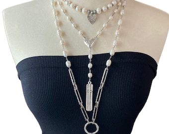 Three Strand Layered Pearl and Matte Silver Heart Pendant Necklace, Valentines Day