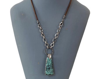 Hand Soldered Turquoise Pendant Leather Cord Necklace