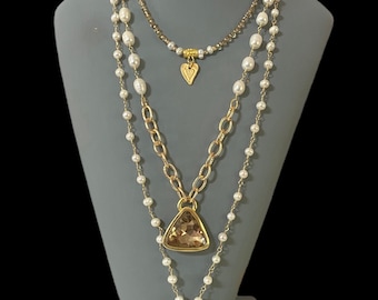 Champagne Crystal and Pearl Three Strand Layered Look Necklace