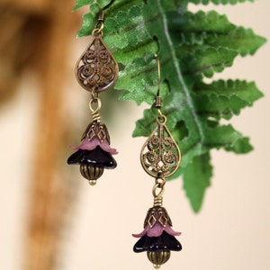 Purple Flower Earrings: Antiqued Brass Filigree Dangle Earrings