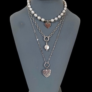 Three Strand Matte Silver and Pearl Necklace, Layered Look Necklace image 1