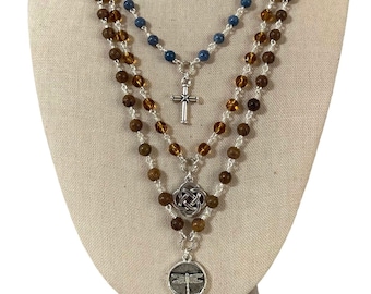 Multi Strand Gemstone Pendant Necklace: Antiqued Silver Dragonfly, Cross, Celtic