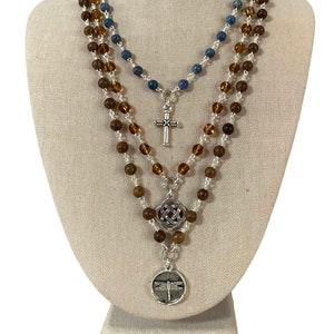 Multi Strand Gemstone Pendant Necklace: Antiqued Silver Dragonfly, Cross, Celtic