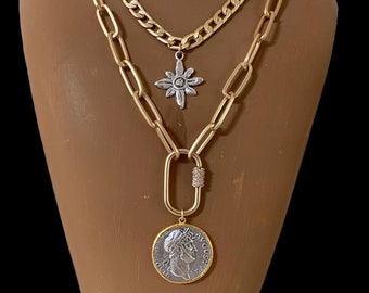 Matte Silver and Gold Coin Pendant Necklace, Three Styles, Layering Look