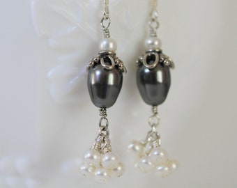 Swarovski and Freshwater Pearl Sterling Dangling Earrings Gray or Brown