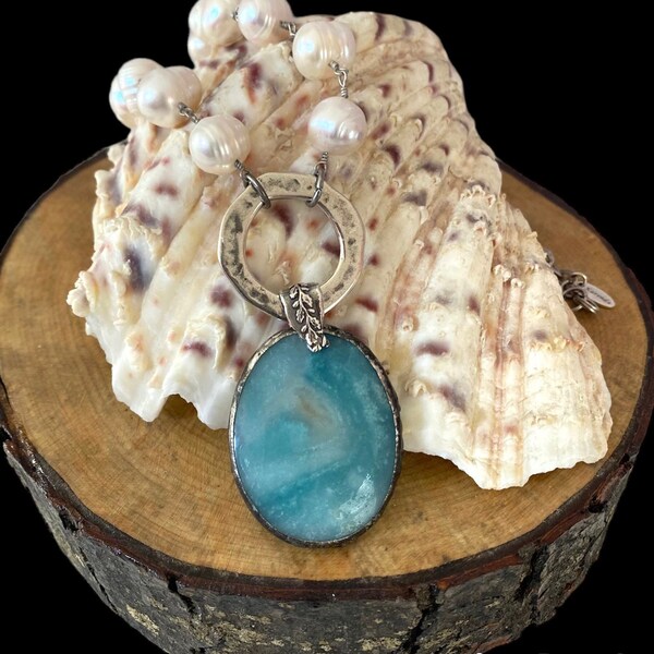 Big and Bold Soldered Amazonite Pendant and Freshwater Pearl Necklace